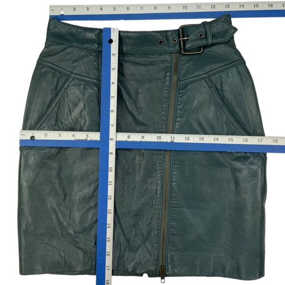 Glen Wood Vintage Soft Leather Skirt 8 Green Mini Angled Front Zip Pocket Retro - Picture 4 of 12